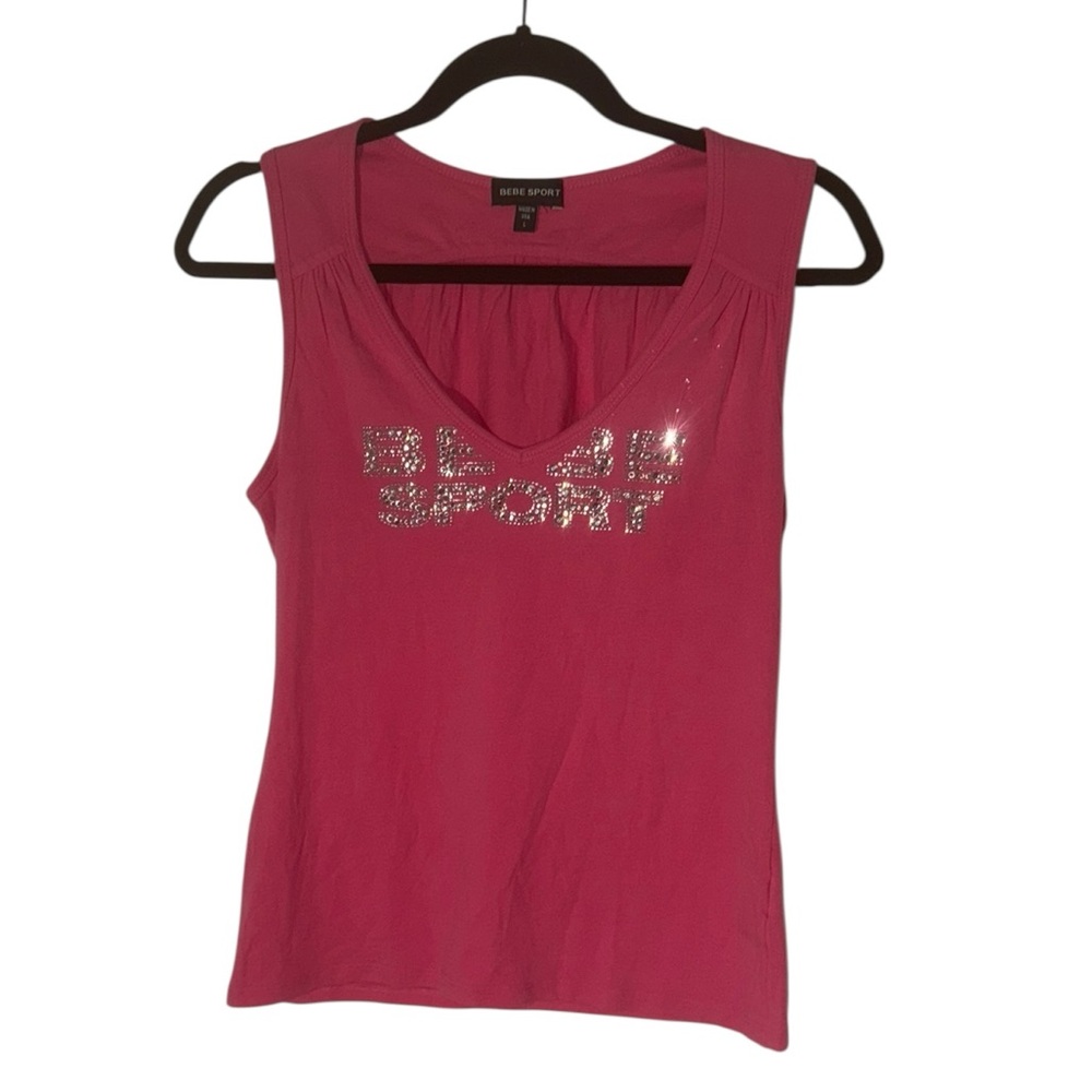 Bebe Sport Pink Rhinestone Logo Tank Top - Size L